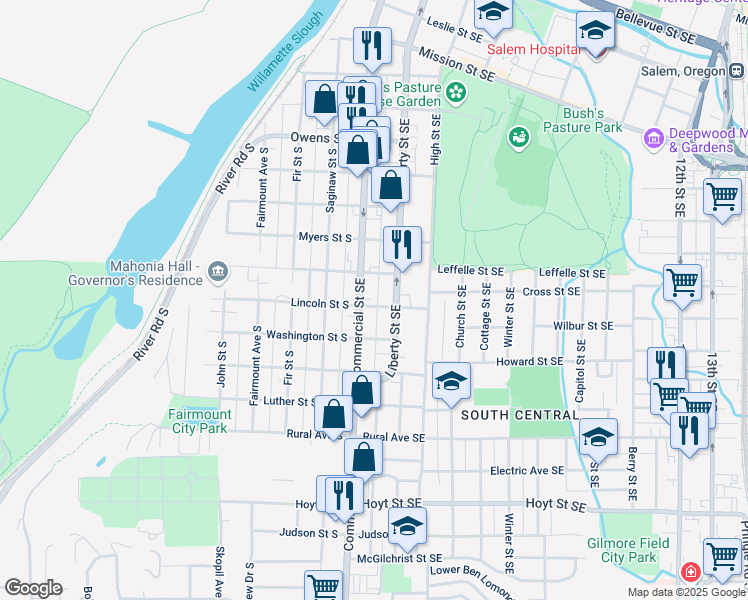 map of restaurants, bars, coffee shops, grocery stores, and more near 360 Lincoln Street South in Salem