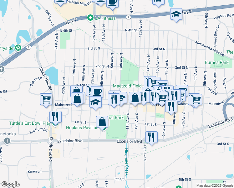 map of restaurants, bars, coffee shops, grocery stores, and more near 22 14th Avenue North in Hopkins