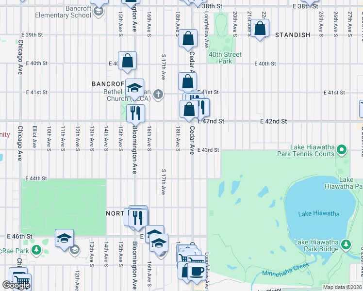map of restaurants, bars, coffee shops, grocery stores, and more near 4300 18th Avenue South in Minneapolis