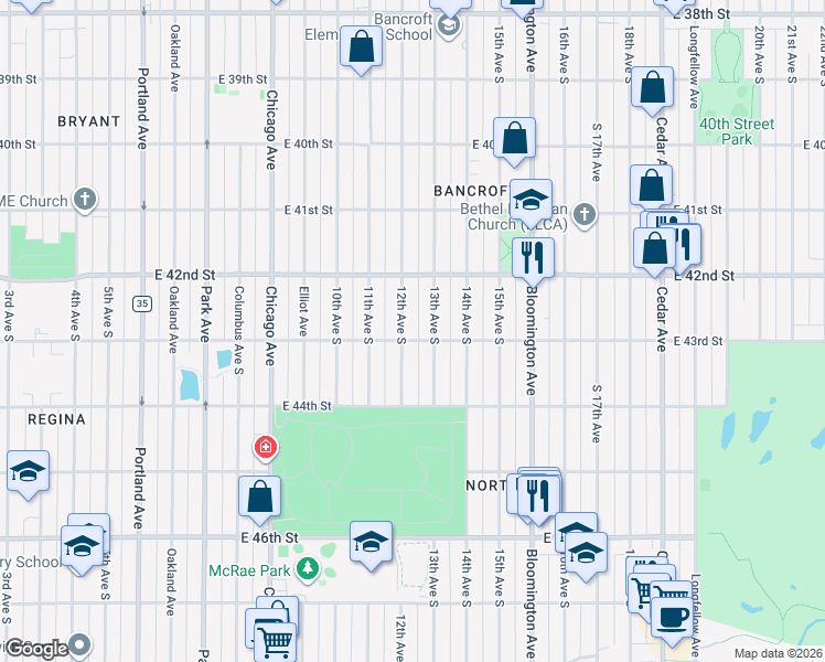 map of restaurants, bars, coffee shops, grocery stores, and more near 4300 13th Avenue South in Minneapolis
