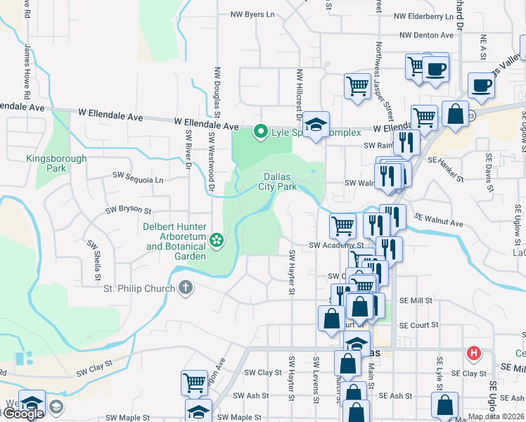 map of restaurants, bars, coffee shops, grocery stores, and more near SW Branvold Dr in Dallas