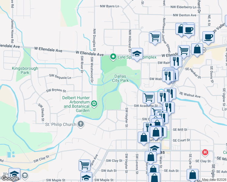 map of restaurants, bars, coffee shops, grocery stores, and more near SW Branvold Dr in Dallas