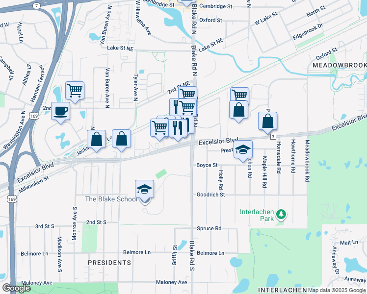 map of restaurants, bars, coffee shops, grocery stores, and more near 8401 Excelsior Boulevard in Hopkins