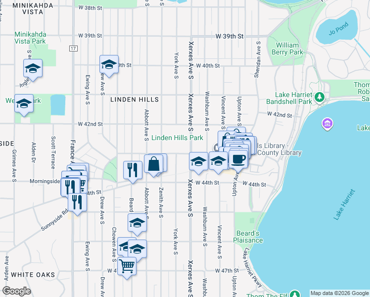 map of restaurants, bars, coffee shops, grocery stores, and more near 3100 West 43rd Street in Minneapolis