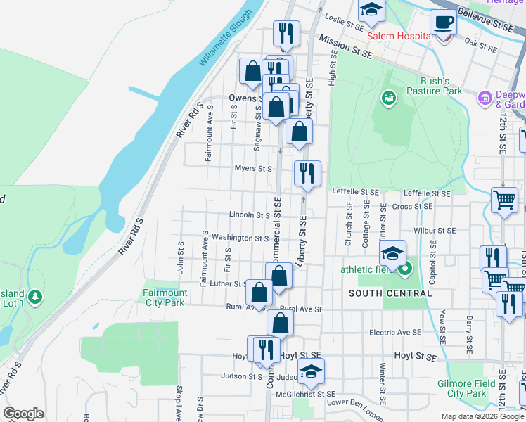 map of restaurants, bars, coffee shops, grocery stores, and more near 155 Lincoln Street South in Salem