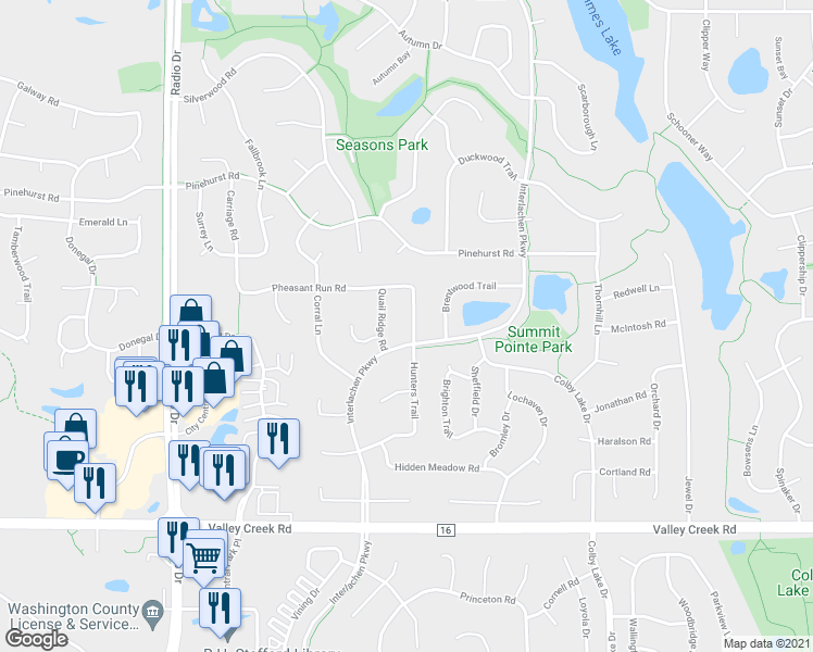 map of restaurants, bars, coffee shops, grocery stores, and more near 8982 Hunters Trail in Woodbury
