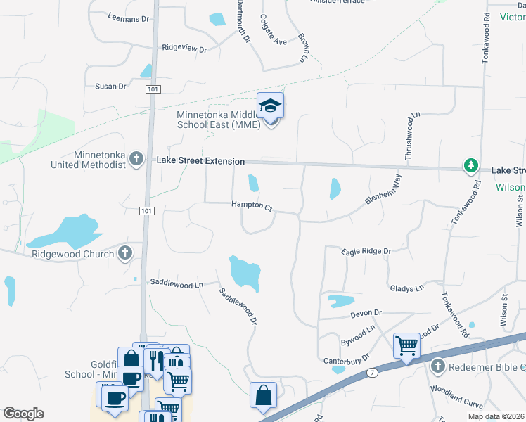 map of restaurants, bars, coffee shops, grocery stores, and more near 17046 Chiltern Hills Road in Minnetonka