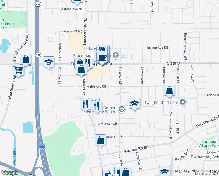 map of restaurants, bars, coffee shops, grocery stores, and more near 4110 Mahrt Avenue Southeast in Salem