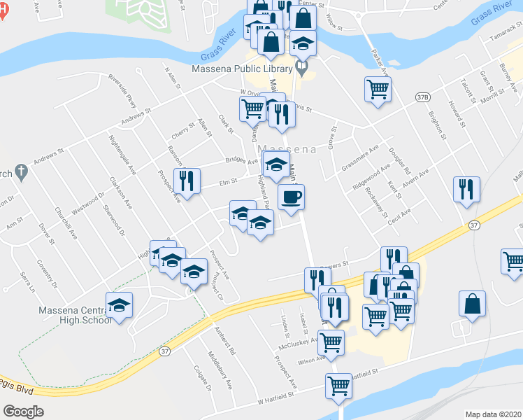 map of restaurants, bars, coffee shops, grocery stores, and more near 12 Highland Park in Massena