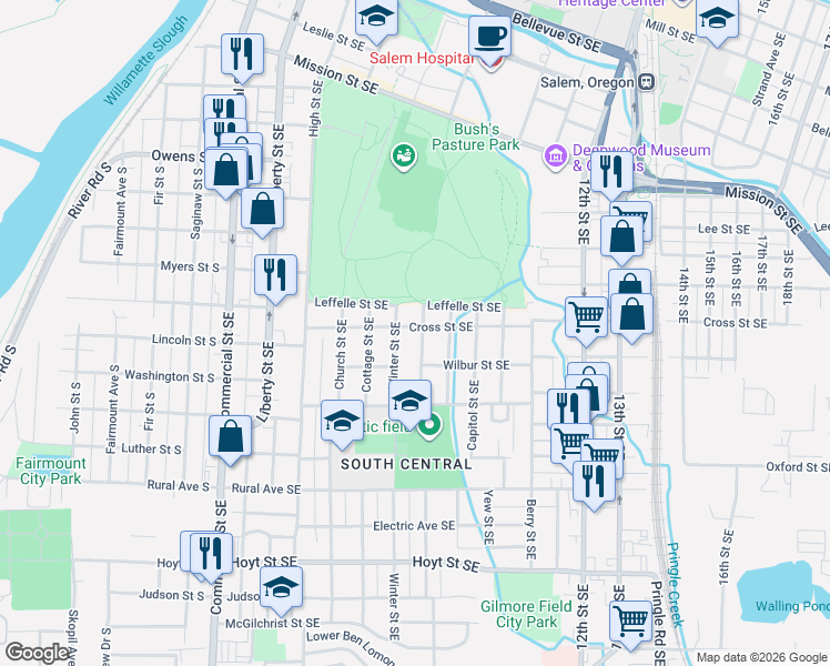 map of restaurants, bars, coffee shops, grocery stores, and more near 1605 Summer Street Southeast in Salem