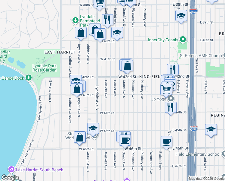 map of restaurants, bars, coffee shops, grocery stores, and more near 4301 Garfield Avenue in Minneapolis