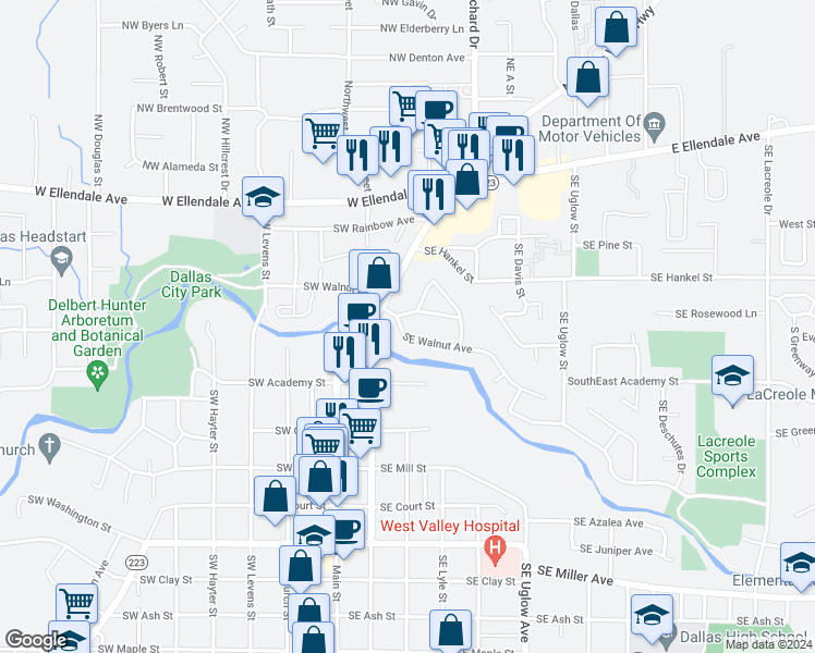 map of restaurants, bars, coffee shops, grocery stores, and more near 200 Southeast Walnut Avenue in Dallas
