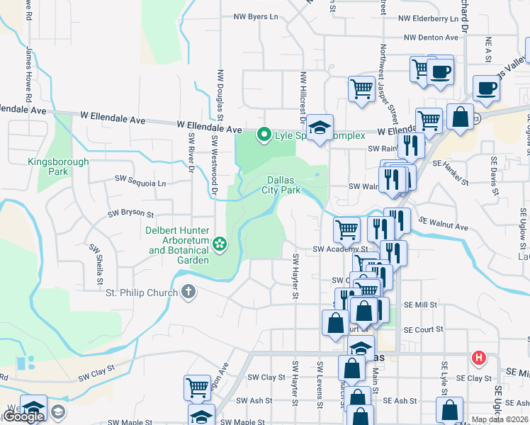 map of restaurants, bars, coffee shops, grocery stores, and more near SW Branvold Dr in Dallas