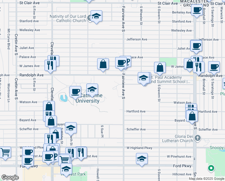 map of restaurants, bars, coffee shops, grocery stores, and more near 525 Fairview Avenue South in Saint Paul