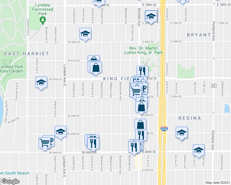 map of restaurants, bars, coffee shops, grocery stores, and more near 4300 Wentworth Avenue in Minneapolis