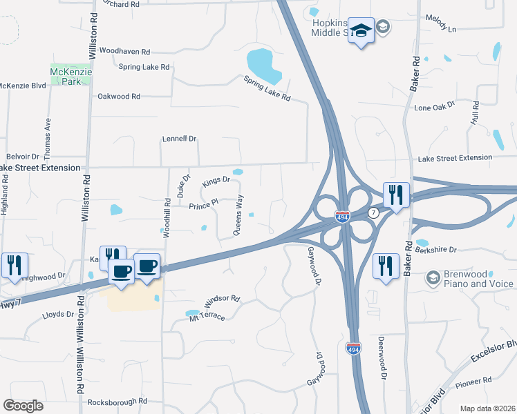 map of restaurants, bars, coffee shops, grocery stores, and more near 4303 Queens Way in Minnetonka