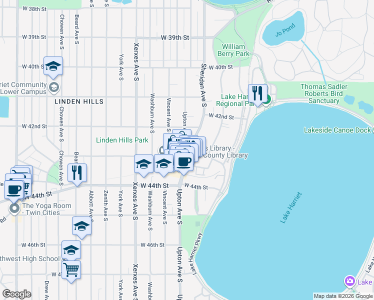 map of restaurants, bars, coffee shops, grocery stores, and more near 4264 Upton Avenue South in Minneapolis