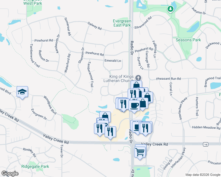 map of restaurants, bars, coffee shops, grocery stores, and more near 1692 Kerry Lane in Woodbury