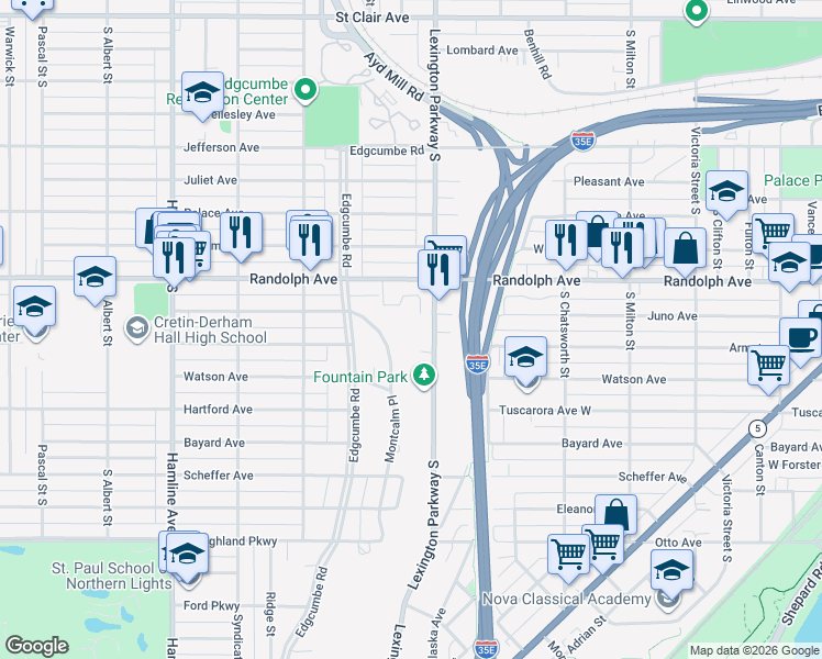 map of restaurants, bars, coffee shops, grocery stores, and more near 535 Lexington Parkway South in Saint Paul