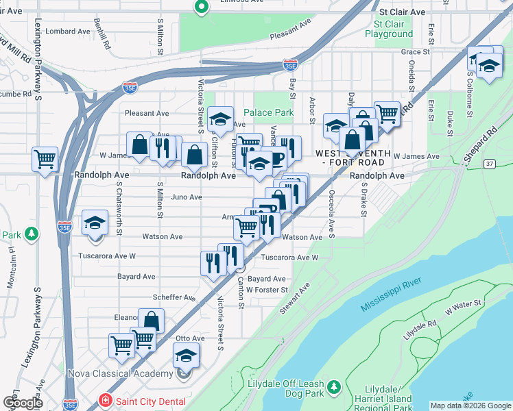 map of restaurants, bars, coffee shops, grocery stores, and more near in Saint Paul