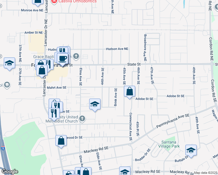 map of restaurants, bars, coffee shops, grocery stores, and more near 356 44th Avenue Southeast in Salem