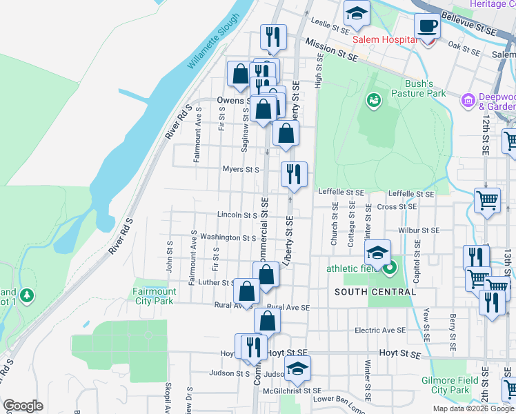 map of restaurants, bars, coffee shops, grocery stores, and more near 140 Lincoln Street Southeast in Salem