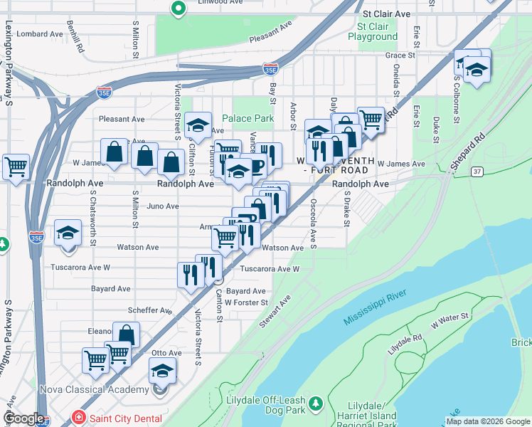 map of restaurants, bars, coffee shops, grocery stores, and more near 726 Armstrong Avenue West in Saint Paul