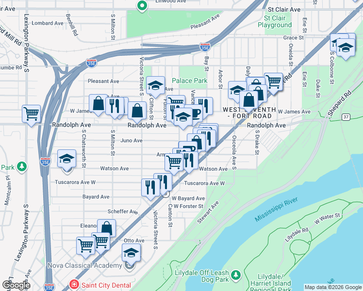 map of restaurants, bars, coffee shops, grocery stores, and more near in Saint Paul