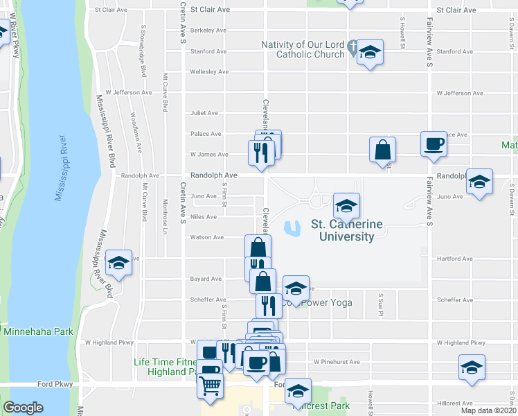 map of restaurants, bars, coffee shops, grocery stores, and more near 555 Cleveland Avenue South in Saint Paul