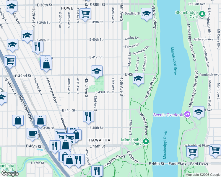 map of restaurants, bars, coffee shops, grocery stores, and more near 4301 44th Avenue South in Minneapolis