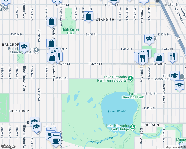 map of restaurants, bars, coffee shops, grocery stores, and more near 2216 East 43rd Street in Minneapolis
