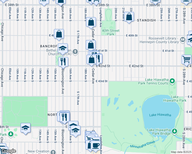 map of restaurants, bars, coffee shops, grocery stores, and more near in Minneapolis