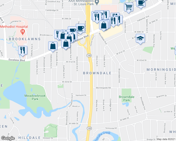 map of restaurants, bars, coffee shops, grocery stores, and more near 4160 Vernon Avenue South in Minneapolis