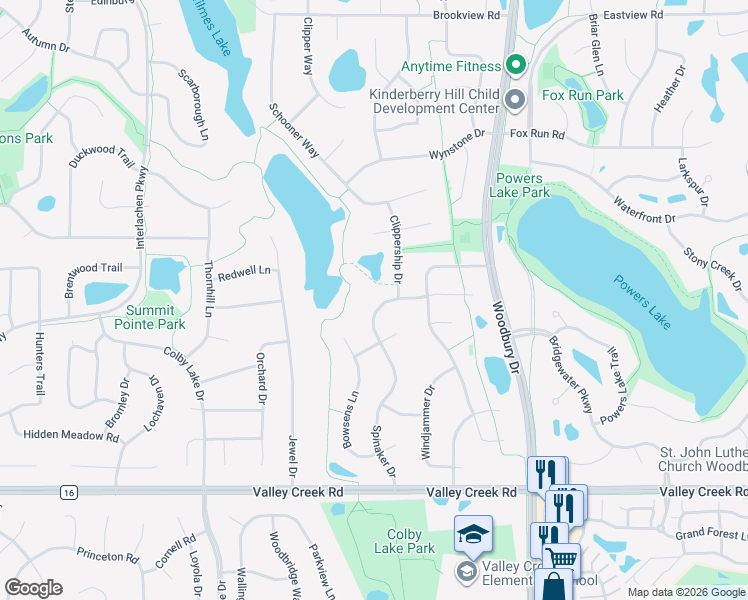 map of restaurants, bars, coffee shops, grocery stores, and more near 1659 Spinaker Drive in Woodbury