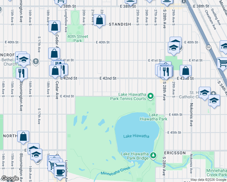 map of restaurants, bars, coffee shops, grocery stores, and more near 2216 East 43rd Street in Minneapolis