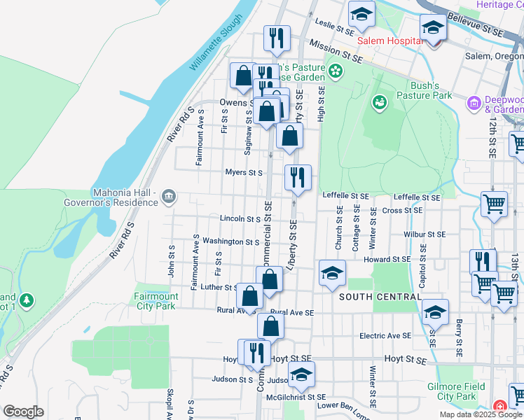map of restaurants, bars, coffee shops, grocery stores, and more near 1565 Commercial Street Southeast in Salem