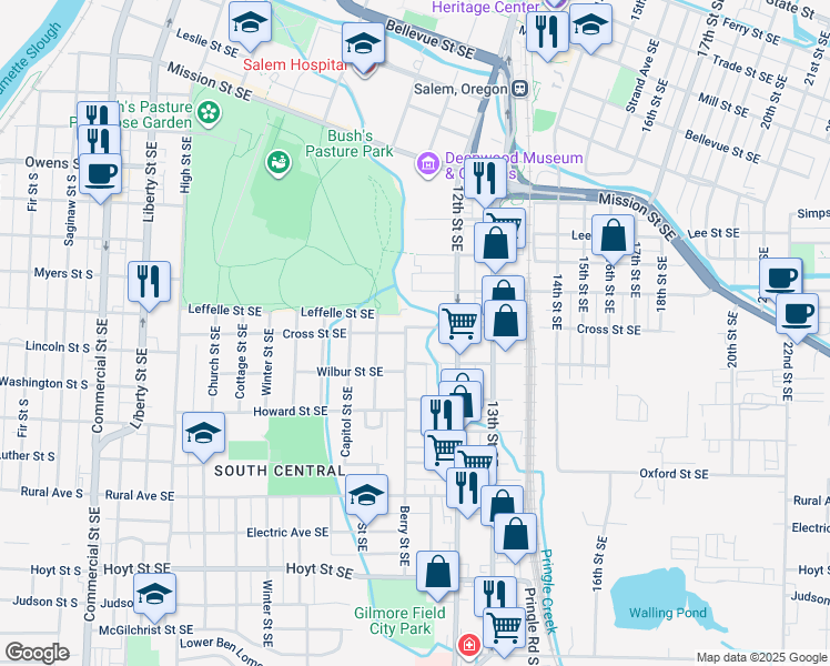 map of restaurants, bars, coffee shops, grocery stores, and more near 1120 Cross Street Southeast in Salem