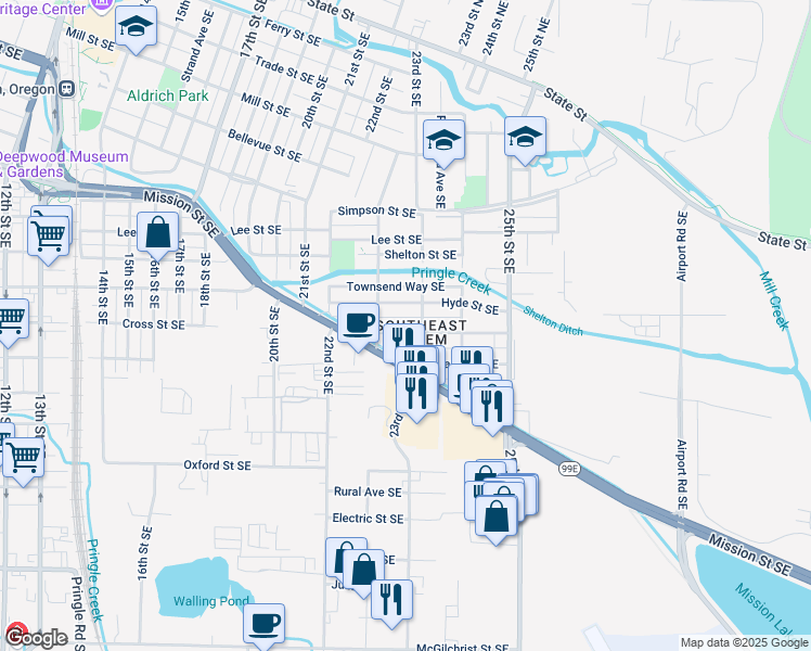 map of restaurants, bars, coffee shops, grocery stores, and more near 2255 Mission Street Southeast in Salem