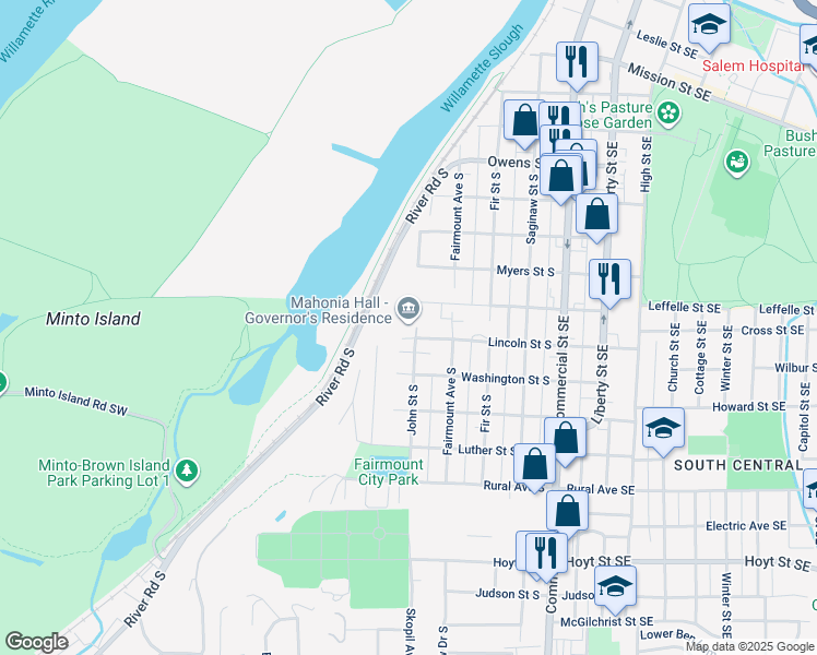 map of restaurants, bars, coffee shops, grocery stores, and more near 525 Lane Place South in Salem