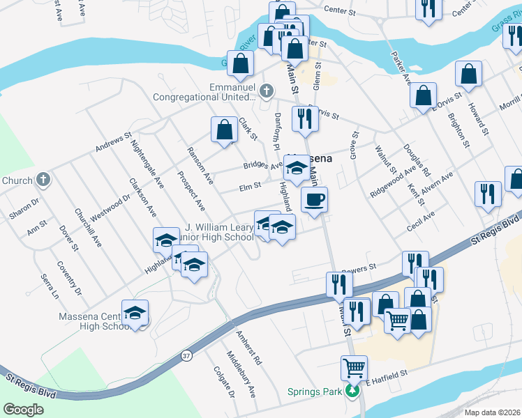 map of restaurants, bars, coffee shops, grocery stores, and more near in Massena