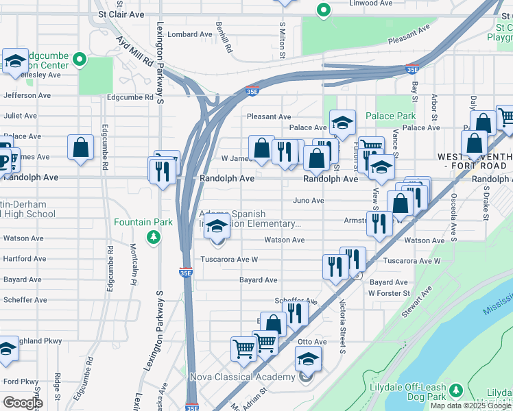 map of restaurants, bars, coffee shops, grocery stores, and more near 966 Armstrong Avenue West in Saint Paul