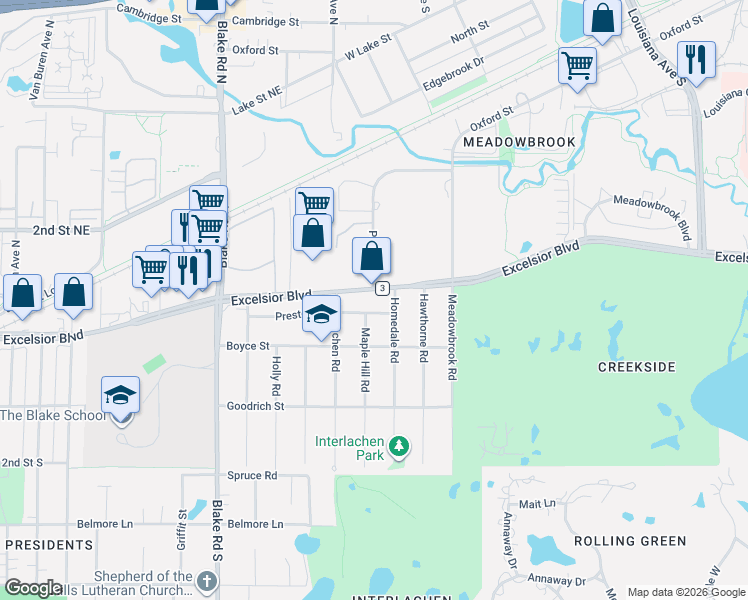 map of restaurants, bars, coffee shops, grocery stores, and more near 2 Maple Hill Road in Hopkins