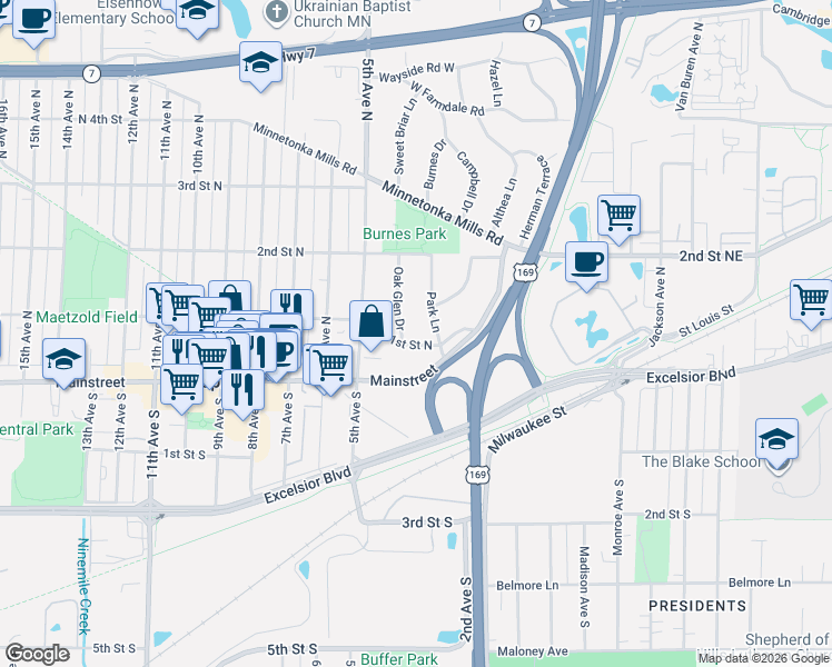 map of restaurants, bars, coffee shops, grocery stores, and more near 18 Park Lane in Hopkins