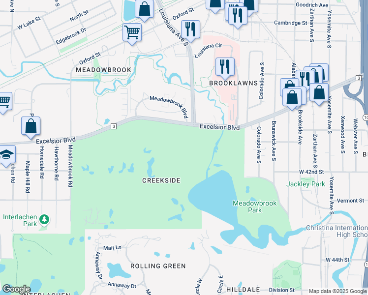 map of restaurants, bars, coffee shops, grocery stores, and more near 6601 Excelsior Boulevard in St. Louis Park