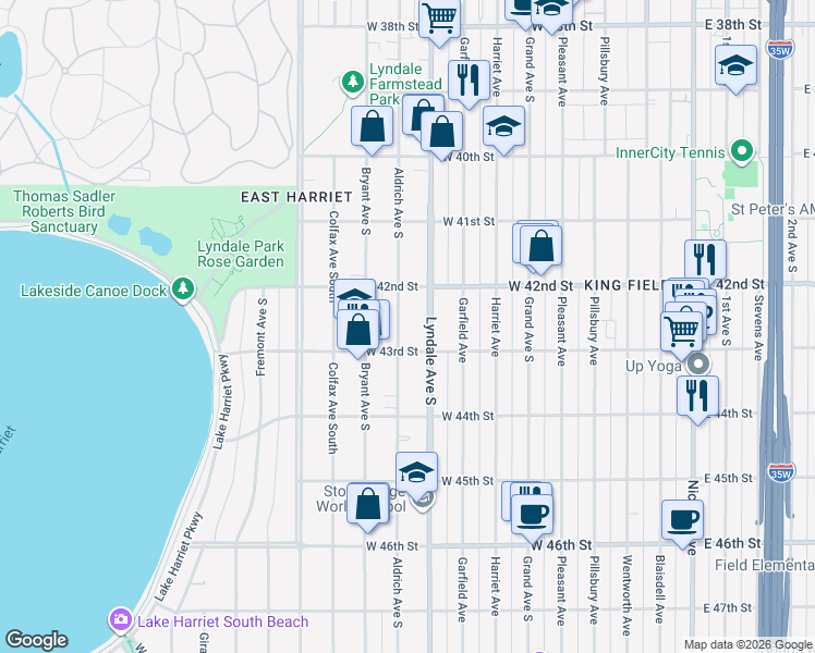 map of restaurants, bars, coffee shops, grocery stores, and more near 4253 Aldrich Avenue South in Minneapolis
