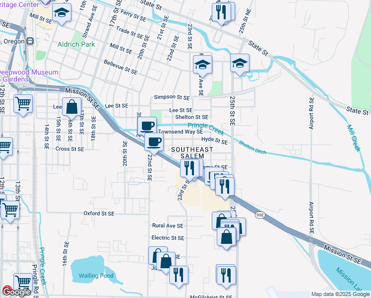 map of restaurants, bars, coffee shops, grocery stores, and more near 2255 Mission Street Southeast in Salem