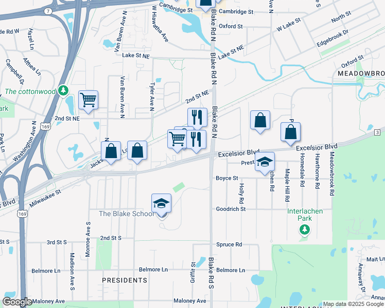 map of restaurants, bars, coffee shops, grocery stores, and more near 8594 Excelsior Boulevard in Hopkins