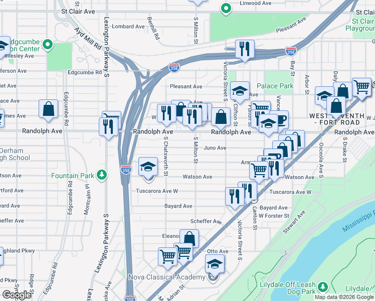 map of restaurants, bars, coffee shops, grocery stores, and more near 930 Randolph Avenue in Saint Paul