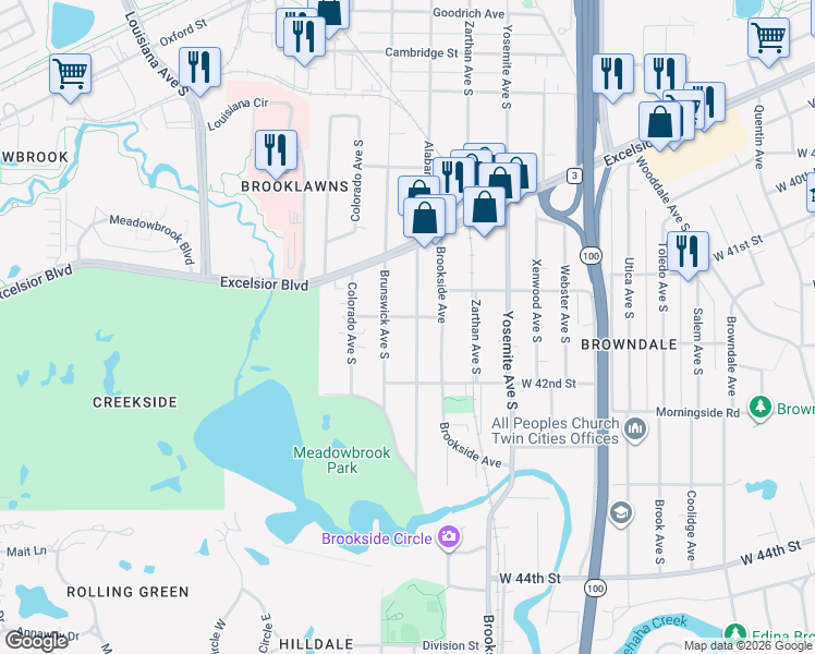 map of restaurants, bars, coffee shops, grocery stores, and more near 4086 Alabama Avenue South in Minneapolis