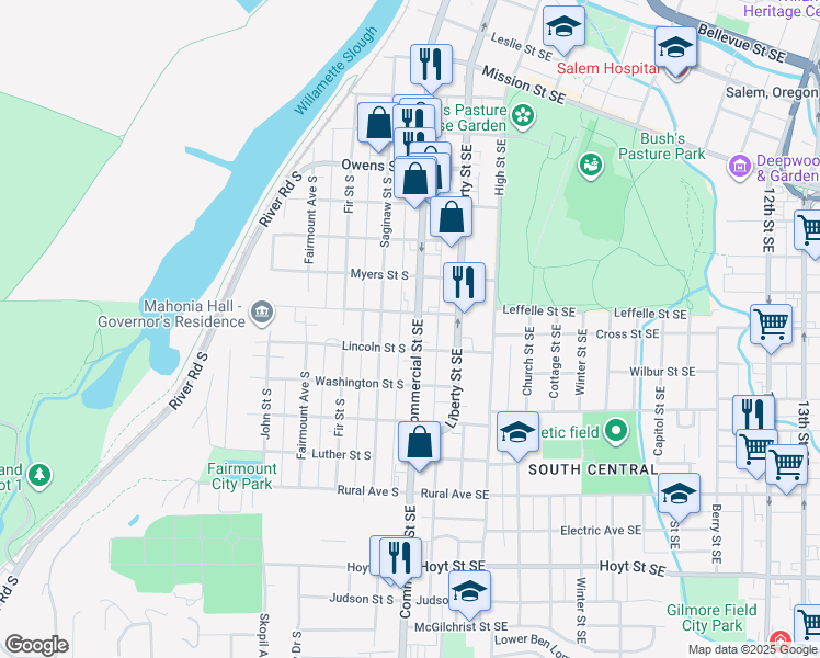 map of restaurants, bars, coffee shops, grocery stores, and more near 1547 Commercial Street Southeast in Salem